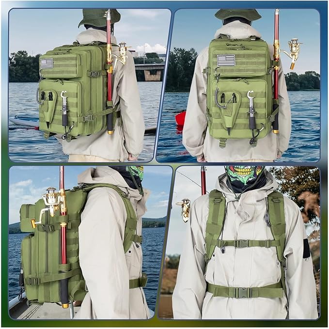 45L Fishing Hunting Bag Tactical Backpack Men's Travel Large Capacity Rucksacks Men Waterproof Outdoor(Khaki)