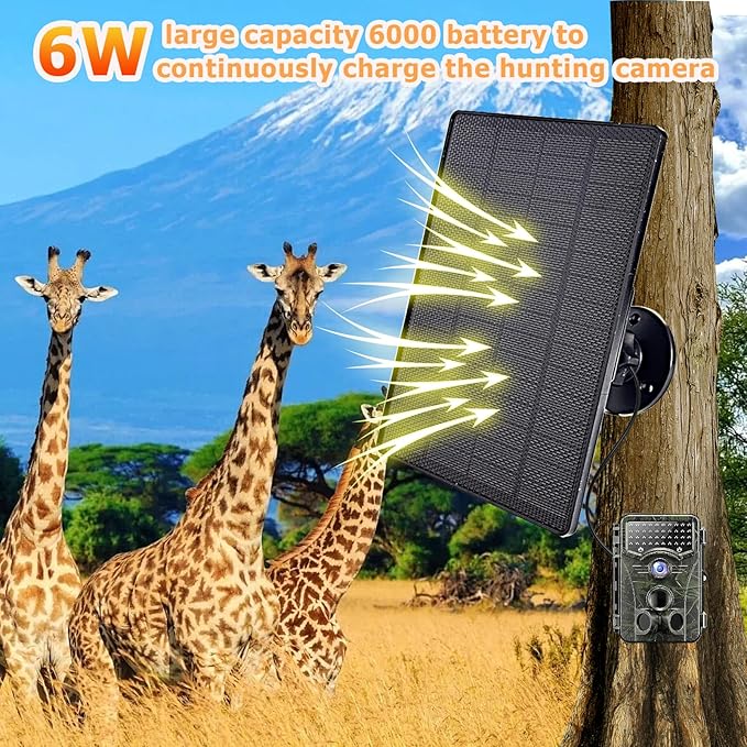 6W Solar Panel for Trail Cameras 6V/9V/12V Solar Battery Charger Kit Built-in 6000mAh Rechargeable Battery Trail Camera Solar Panel IP65 Waterproof Hunting Accessories 5ft Cable
