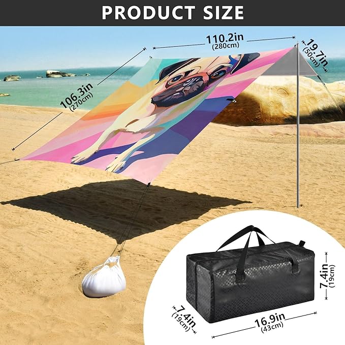 ALAZA Colored Pug Pets Cute Pastel Beach Tent Sun Shelter Portable Canopy Sunshade for Outdoor Camping Picnics Backyard Fun 10x9 ft