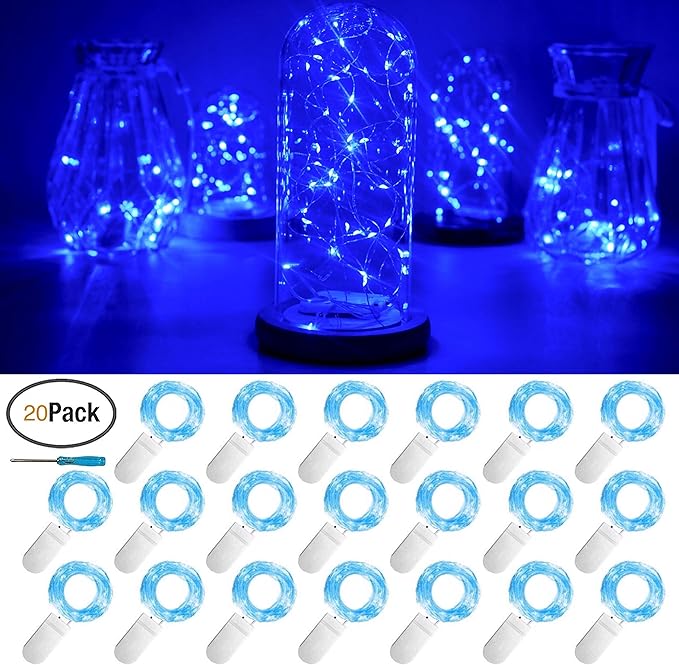 20 Packs Fairy String Lights 6.6FT 20 LEDs Battery Operated Silver Copper Wire Starry String Light for DIY Party Christmas Costume Wedding Easter Table Decorations (Blue)