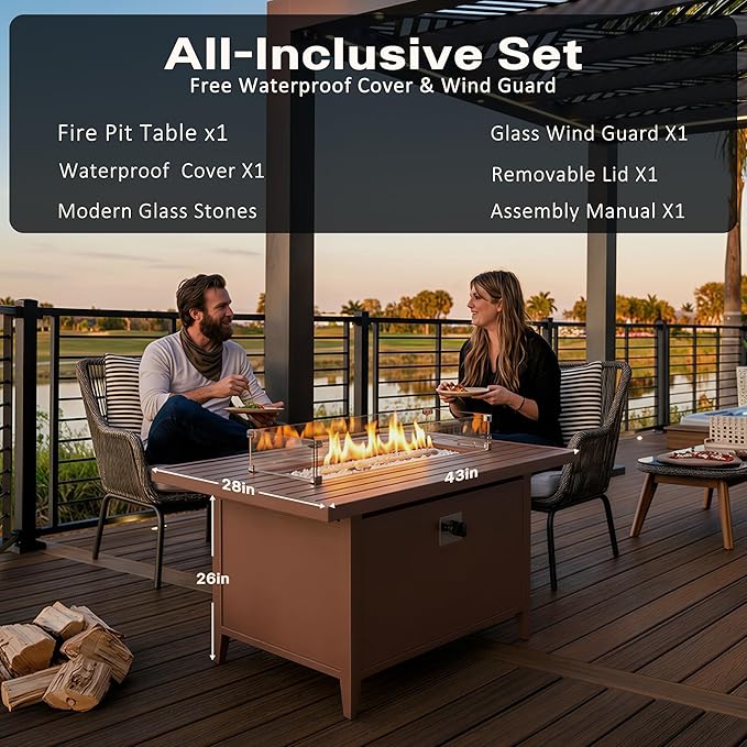 43 Aluminum Propane Fire Pit Table with 55000 BTU Rectangle Outdoor Gas Fire Table with Glass Wind Guard Glass Stones &amp Waterproof Cover Patio Fire Table for Backyard Deck Garden Brown
