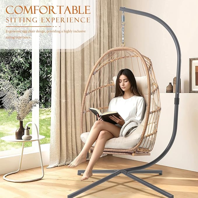 Hanging Egg Chair with Stand and Footrest for Indoor Outdoor - Patio Swing Egg Chairs Wicker Hammock Chair Bedroom Aluminum Steel Frame and UV Resistant Cushion 370LBS Capacity for Kids Adults Beige
