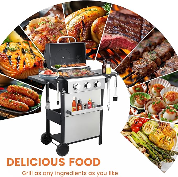 3-Burner Propane Gas BBQ Grill 25650BTU Stainless Steel Barbecue Grill With Wire Enamel Cooking Grids Foldable Side Table for Outdoor Camping (Style10 : 3 Burner)