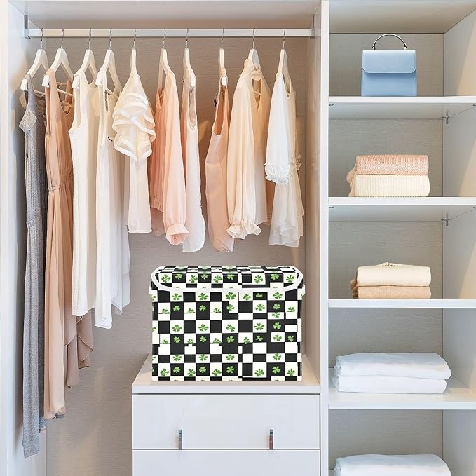 Clover Checkered Pattern Fabric Storage Bins with Lids and HandleFoldable Storage Bins with LidsCloset Organizers for Clothes Storage Room Organization Office Storage Chest Organizer