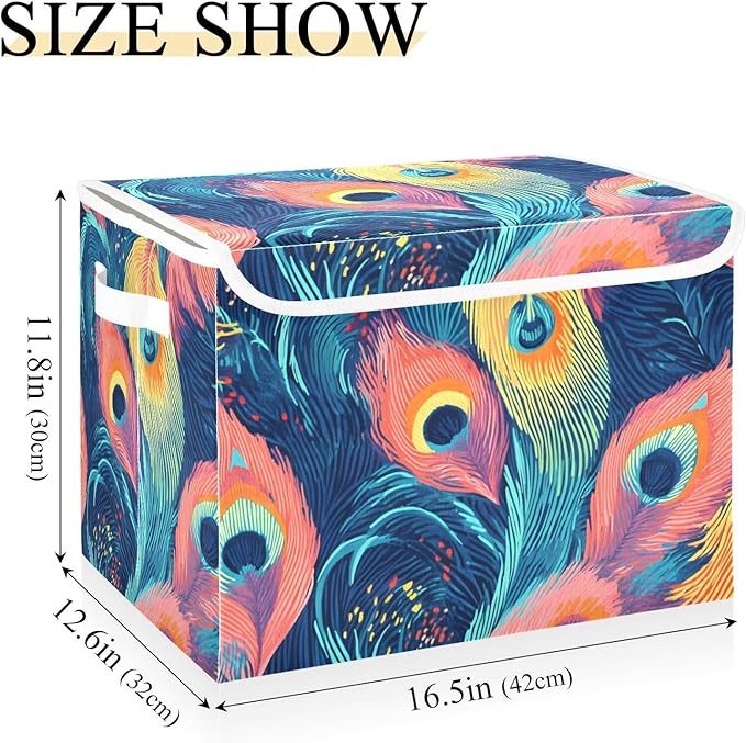 Storage Cube with Lid Pattern Feather Print 16.5×12.6×11.8 IN Collapsible Large Capacity Foldable Storage Basket Bin Organizer