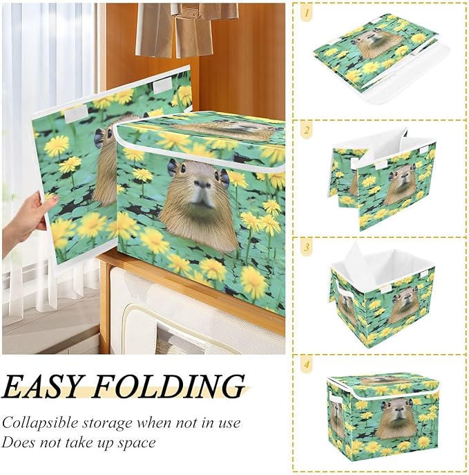AIXIWAWA Lidded Storage Cube (Cute Capybara) Fabric Foldable Closet Bins with Flip Lid and Handles Organizer Basket Container 16.5 x 12.6 x 11.8 IN