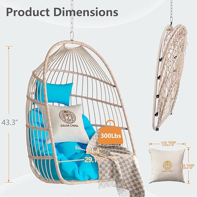 Hanging Egg Chair with Pillow HDPE Rattan Foldable Swing Chair with Aluminum Frame &amp UV Resistant Cushion Hammock Egg Basket Without Stand for Indoor Outdoor 350Lbs Capacity (Blue Cushion)