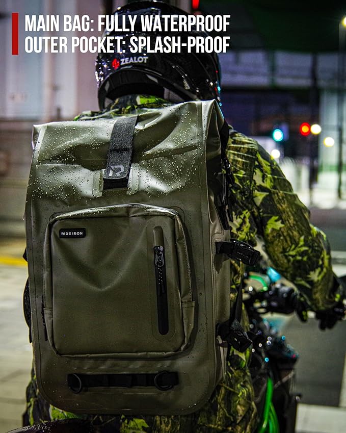 RIDEIRON Waterproof Backpack Motorcycle Dry Bag with Roll Top Closure for Kayaking Travel Surfing Boating Fishing Camping (Olive 35L)