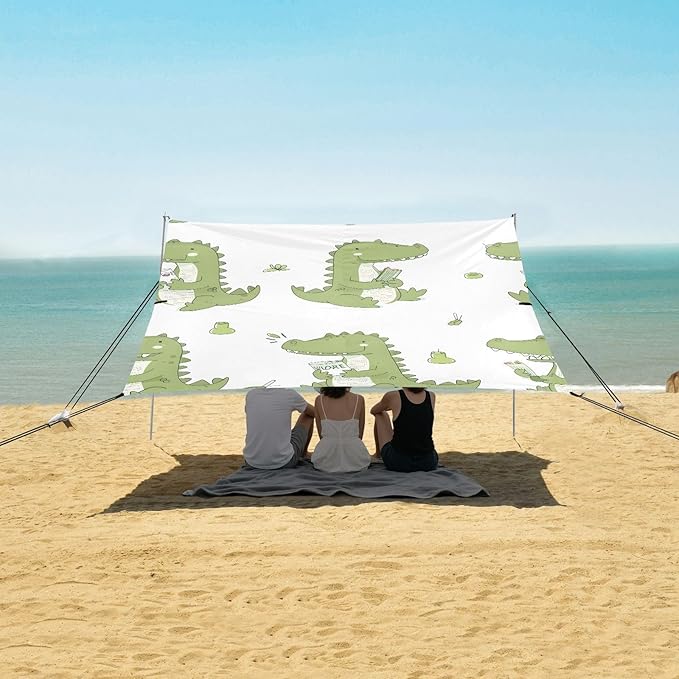 ALAZA Cartoon Crocodile Beach Tent Sun Shelter UPF50+ Protection Beach Shade Canopy w/ 4 Sandbags for Outdoor Camping Fishing Backyard Fun Picnic 10x9 ft