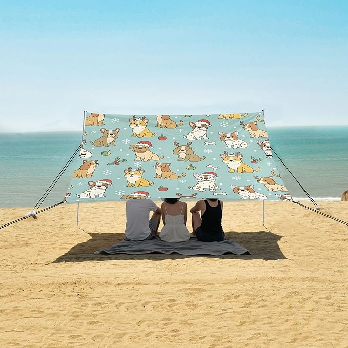 Christmas Dog Beach Canopy Sun Shelter with Sandbags &amp Sand Shovel &amp Windproof Ropes - Portable 110x126 Beach Shade Beach Tent for Camping Picnics