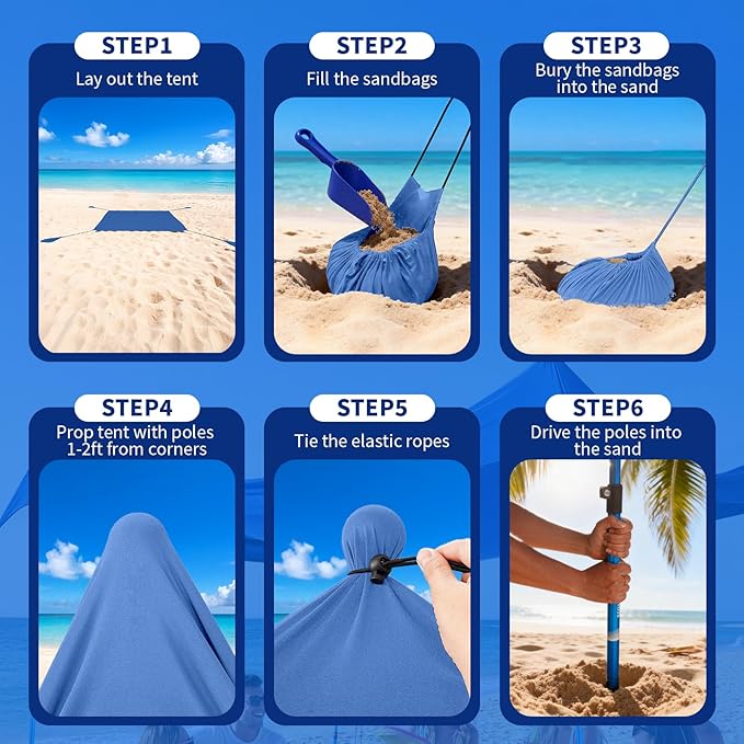 CROWN SHADES 7x7 Beach Tent Sun Shelter Easy Pop Up Beach Canopy Shade Portable Outdoor Carpas UPF50+ Includes 4 Poles Adjustable Aluminium Extra-Large Big Sand Shovel Blue