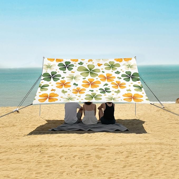 St Patrick's Clovers Green Orange Beach Tent Sun Shelter Set UPF50+ UV Protection 10.5 x 9.19 FT Camping Shade Canopy with Sandbags Sand Anchors Carrying Bag and Others
