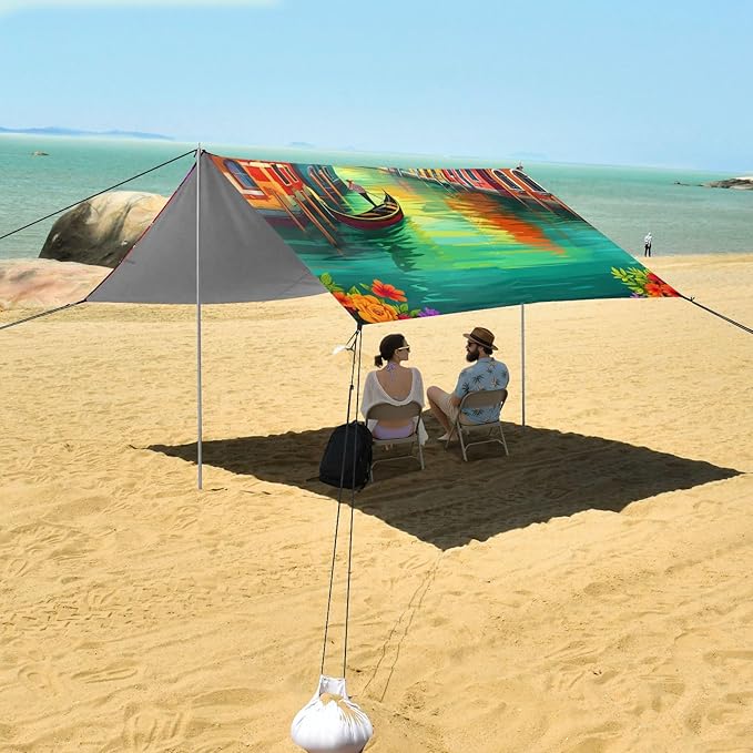 Beach Canopy with Windproof Ropes &amp Sandbags Beach Tent Sun Shade Sun Shelter for Camping Trips Fishing Backyard Fun or Picnics Venetian Pattern