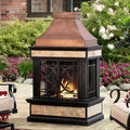 Sunjoy Outdoor Fireplace Smith Collection Patio Wood Burning Steel Fireplace with Chimney Spark Screen Fire Poker and Removable Grate Copper with Yellow Tile