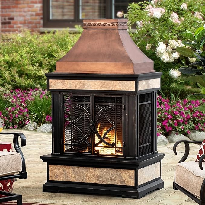 Sunjoy Outdoor Fireplace Smith Collection Patio Wood Burning Steel Fireplace with Chimney Spark Screen Fire Poker and Removable Grate Copper with Yellow Tile