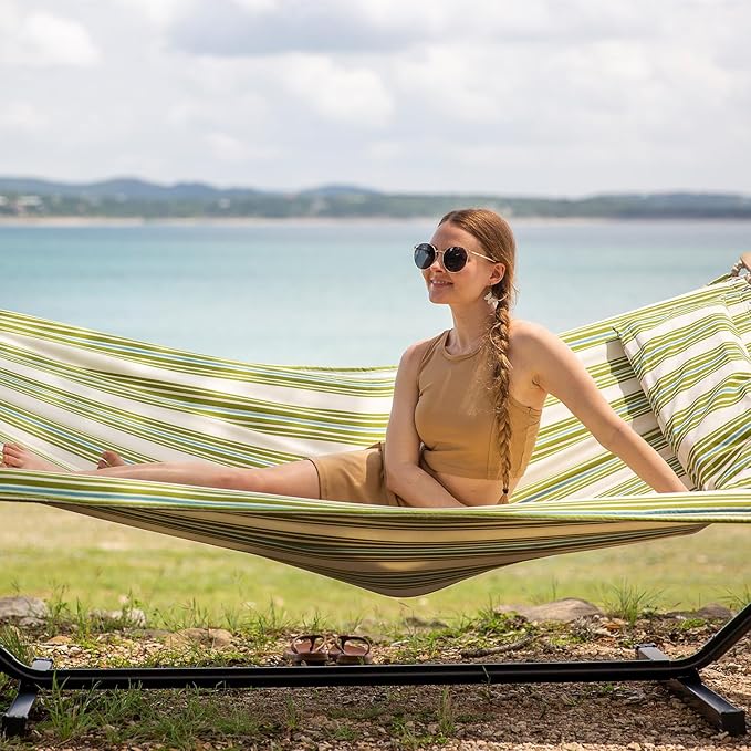 SUNCREAT Portable Double Hammock with Stand 475 lbs Capacity Heavy Duty Two Person Hammock with Stand Included Green Stripe