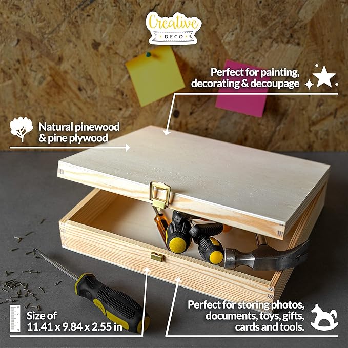 Creative Deco Wooden Storage Box Unpainted Plain | 11.41 x 9.84 x 2.55 in | Golden Latch &amp Lid | Perfect for Storing Valuables &amp Small Items in the Office or Bedroom | Keepsake Memory Trinket