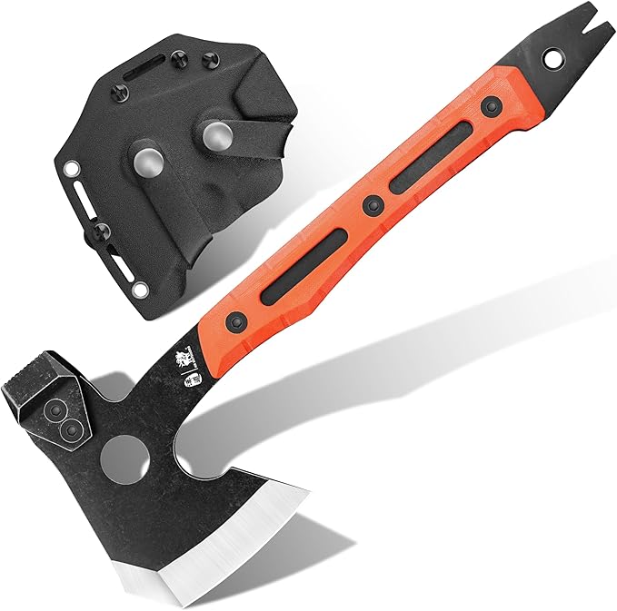 HX OUTDOORS Multifunctional Splitting Axe Full Tang Survival Camping Tactical Wood HatchetCamp Bushcraft Hand Axes with Hammer and Nail Puller (Orange)