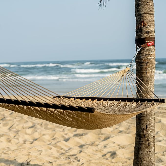 Lazy Daze Hammocks 10.5 FT Double 2 Person Caribbean Rope Hammock Hand Woven Polyester Hammock with Spreader Bars for Outside Outdoor Backyard Patio Poolside 450 LBS Capacity Tan