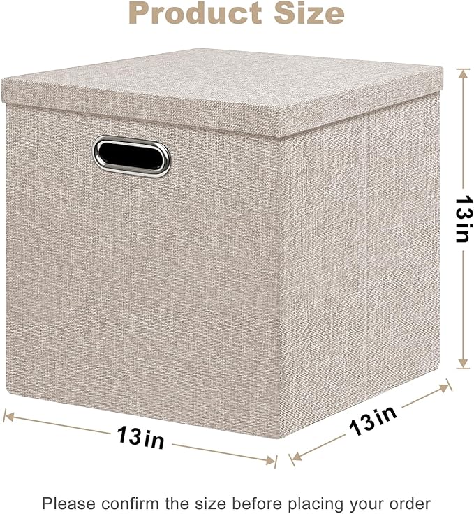 Linen Storage Bins with Lids13 x 13 Inch Foldable Fabric Cube Baskets Boxes Organizer for Closet Shelves and Home. (Beige (13x13) 2 pack)