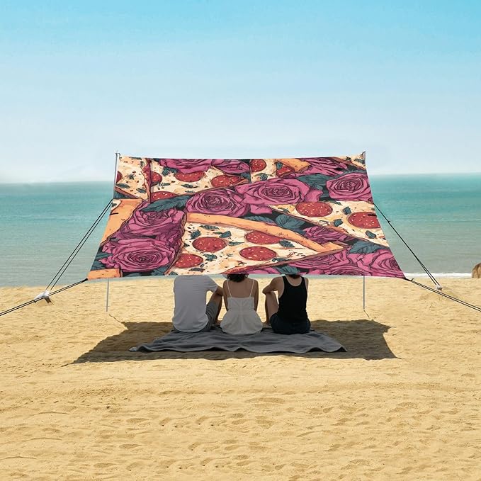 ALAZA Pizza Roses Pattern Beach Tent Sun Shelter Portable Canopy Sunshade for Outdoor Camping Picnics Backyard Fun 10x9 ft