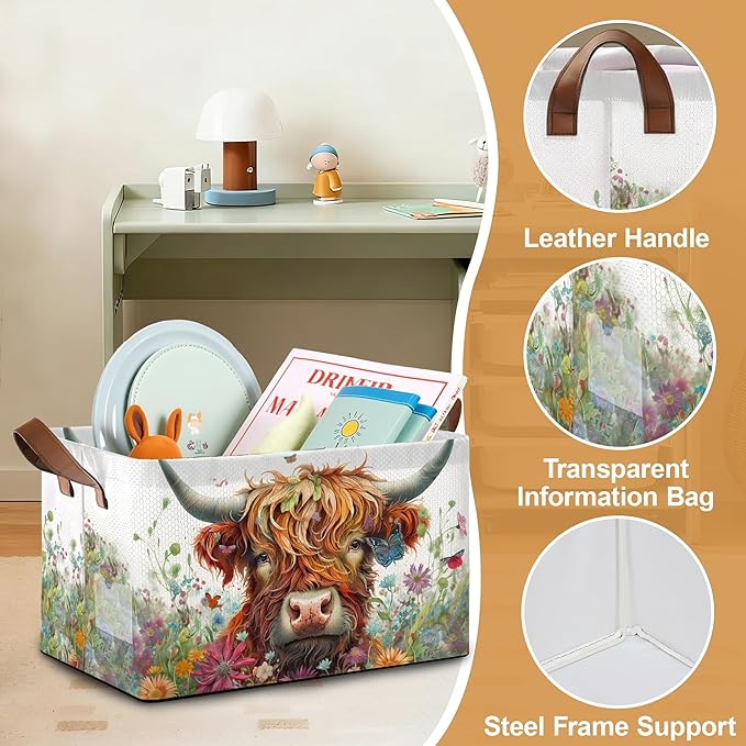 Flower Highland Cow Storage Bins with Handles Collapsible Storage for Clothes Gift Basket Blankets &amp Closet Organization
