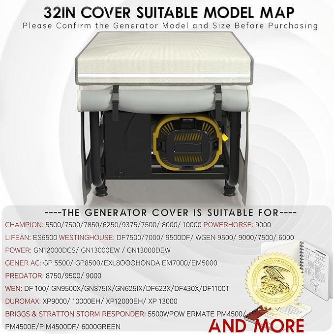Generator Covers While Running 32x24x24 Inches1680+400D Double Layer Portable Heavy Duty Dustproof/Waterproof Generator Covers for 5000W-10000W Frame Generators Beige