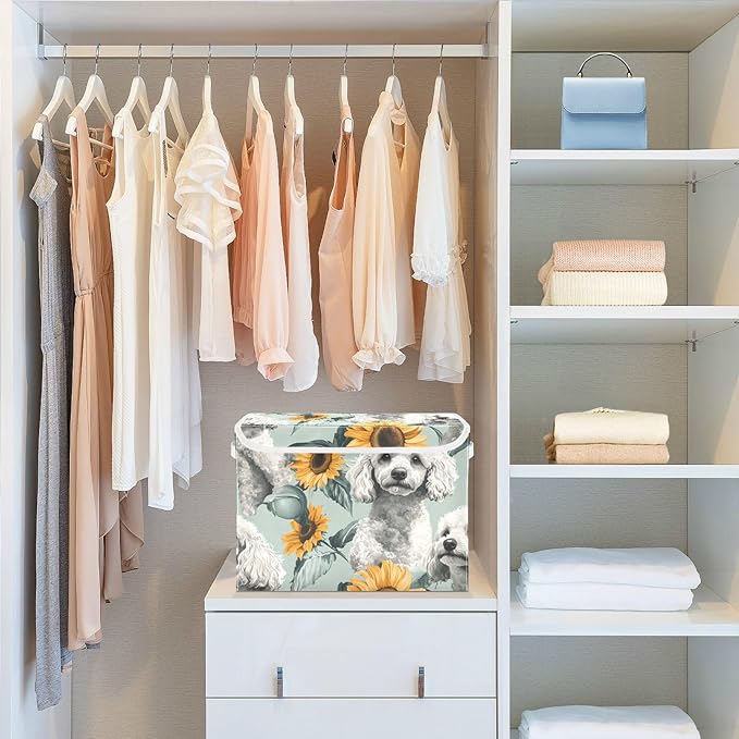 Collapsible Storage Bins with Lids Decorative Fabric Storage Cubes Closet Organizer and Storage Basket Boxes Containers for Clothes Box Chest Nursery Folding Rectangle White Poodle Sunflower
