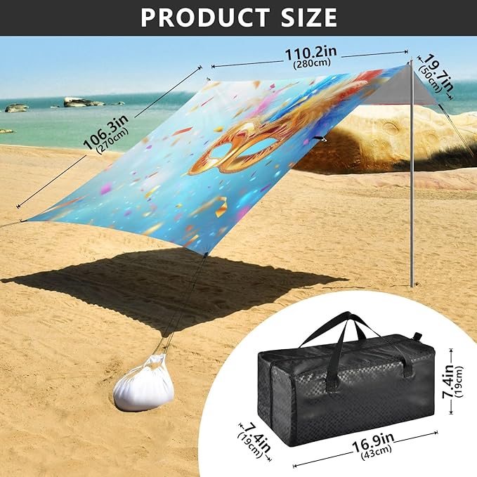 Carnival Masquerade Mask Mardi Gras Pattern Beach Tent Sun Shelter Set UPF50+ UV Protection 10.5 x 9.19 FT Camping Shade Canopy with Sandbags Sand Anchors Carrying Bag and Others