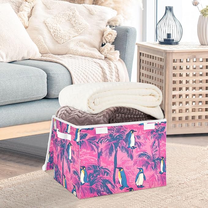 Storage Cube with Lid Tropical Penguin Print 16.5×12.6×11.8 IN 1 Pack Collapsible Large Capacity Foldable Storage Basket Bin Organizer
