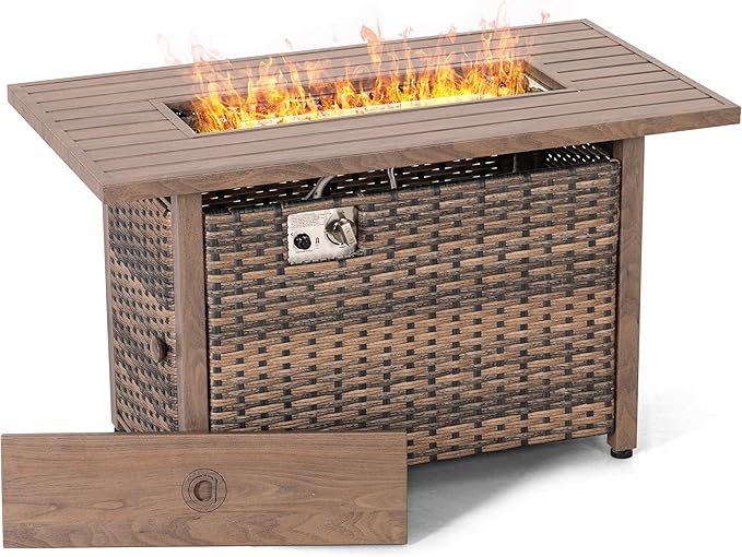 Nuu Garden 43” Propane Fire Pit CSA-Listed Rattan Outdoor Fire Pit Table 50000 BTU Smokeless Gas Fire Table with Lid and Glass Beads 2-in-1 Rectangular Fire Table for Outside Backyard Patio Brown