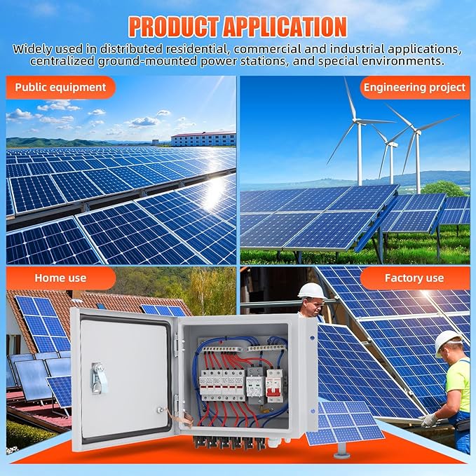 Doniks 6 String Metal Solar Combiner Box IP65 Waterproof PV Combiner Box with 20A Rated Current Fuse 63A Air Circuit BreakerLightning Arrester Metal Box for On/Off Grid Solar Panel System