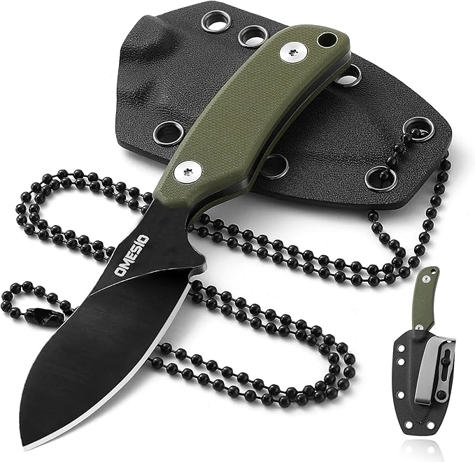 Omesio Neck Knife with Clip 5.9 Fixed Blade With Kydex Sheath and Necklance Nessmuk Blade Small Full Tang Tactical D2 Steel G10 Handle for EDC Outdoor Survival