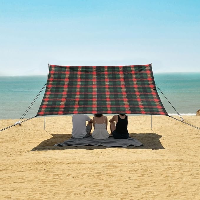 ALAZA Red Green Tartan Check Beach Tent Sun Shelter UPF50+ Protection Beach Shade Canopy w/ 4 Sandbags for Outdoor Camping Fishing Backyard Fun Picnic 10x9 ft
