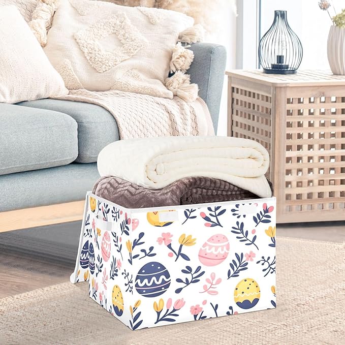 Doodle Easter Eggs and Flower Pattern Foldable Storage Baskets Fabric Boxes with Handle Organizers with Flip-Top Lids Storage Bins for Home Bedroom Office