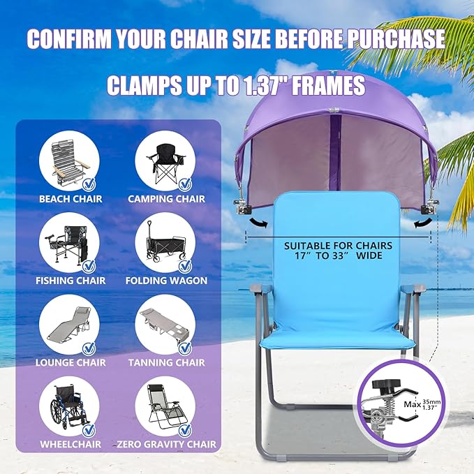 XL Universal Chair Canopy Umbrella UPF 50+ Foldable Sun Shade Attachment with Adjustable Clamp Fits Most Brands’ Beach Camping Lawn Tanning Zero Gravity Lounge &amp Fishing Chairs