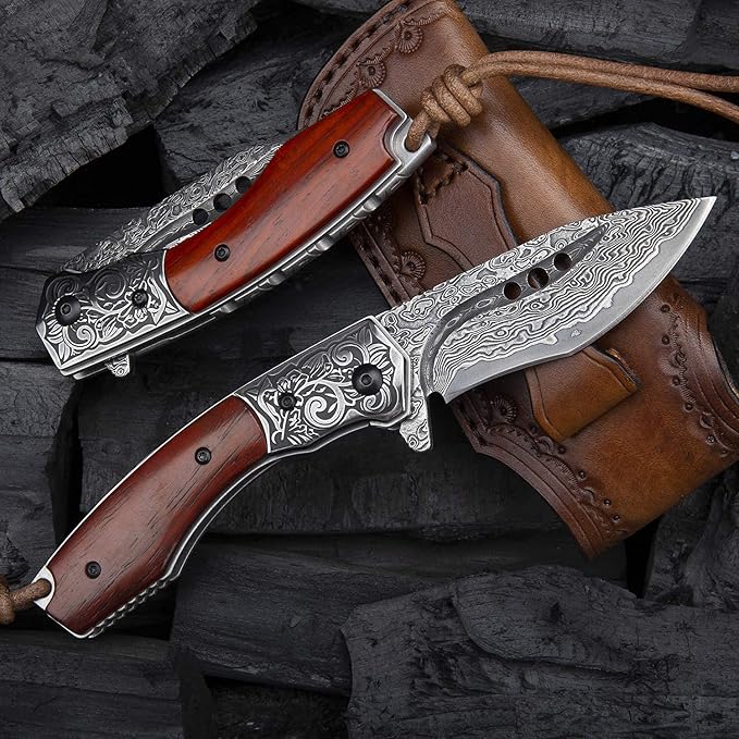 hand made damascus steel pocket knife 3.1 inch outdoor folding knife camping rosewood handle with leather case and inner lining