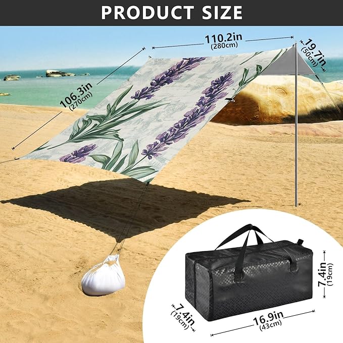 ALAZA Lavender in Retro Stamp Beach Tent Sun Shelter Portable Canopy Sunshade for Outdoor Camping Picnics Backyard Fun 10x9 ft