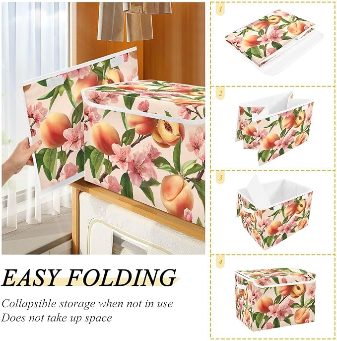Collapsible Storage Bins with Lids Decorative Fabric Storage Cubes Closet Organizer and Storage Basket Boxes Containers for Clothes Box Chest Nursery Folding Rectangle Pink Peach Blossoms01