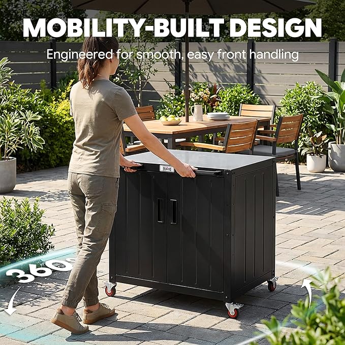 Feasto Outdoor Grill Cart with Storage Cabinet and Stainless Steel Top 35-Inch Outdoor Grill Station with Door Modular Kitchen Island for Food Prep and BBQ Black &amp Silver