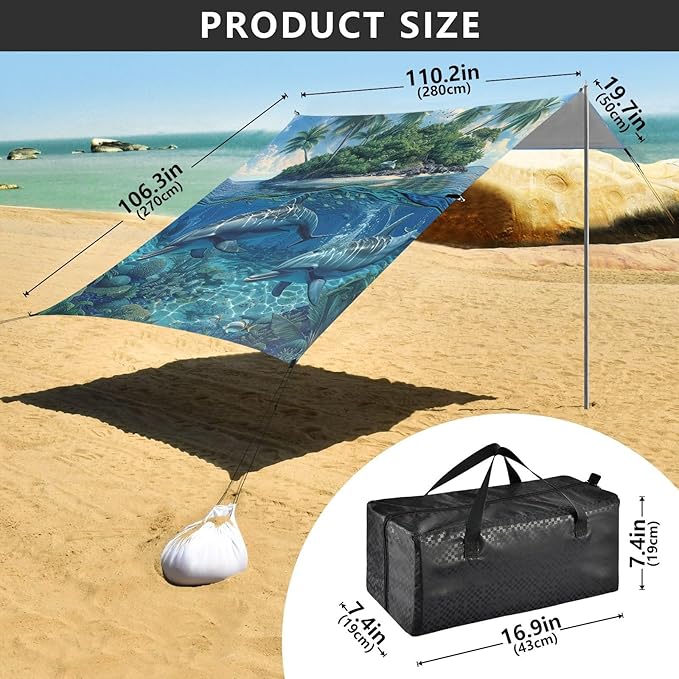 ALAZA Tropical Dolphins Island Beach Tent Sun Shelter Portable Canopy Sunshade for Outdoor Camping Picnics Backyard Fun 10x9 ft
