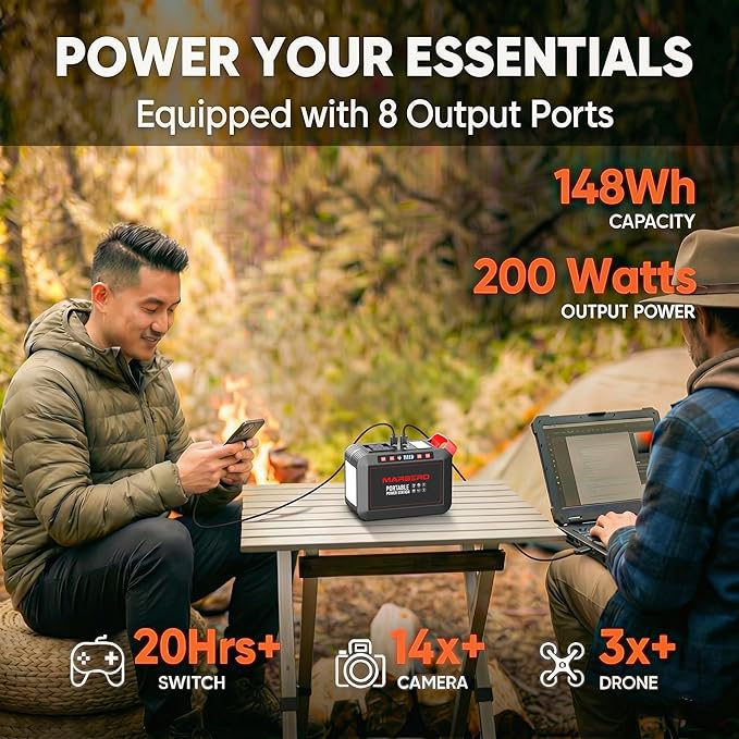 MARBERO 200W Portable Power Station 148Wh Camping Solar Generator Laptop Power Bank with AC Outlet 110V DC USB QC3.0 LED Flashlights for CPAP Home Outdoor Trip Emergency Backup