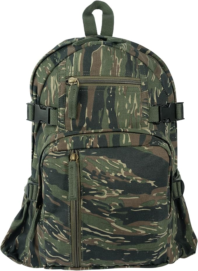 Rothco Vintage Canvas Compact Backpack – Rugged Everyday Carry Travel Storage Bag Tiger Stripe Camo