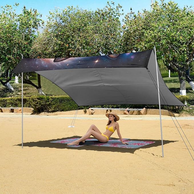 ALAZA Fox Galaxy Nebula Beach Tent Sun Shelter UPF50+ Protection Beach Shade Canopy w/ 4 Sandbags for Outdoor Camping Fishing Backyard Fun Picnic 10x9 ft