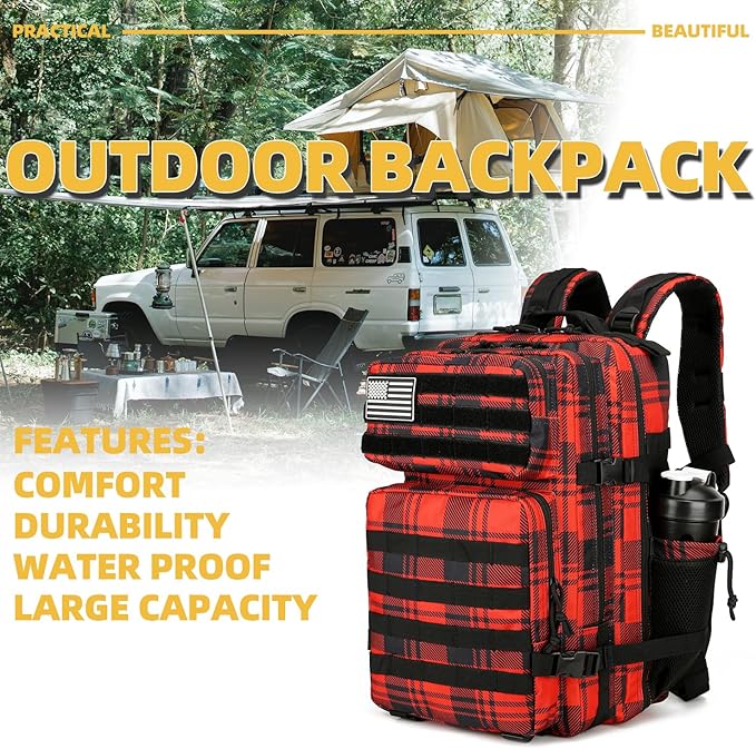 Lovelinks21 25L Tactical Backpack for Men and Women Military Backpack Small Assault Pack Molle Backpack Bug Out Bag Travel Rucksack Daypack (Red Plaid)