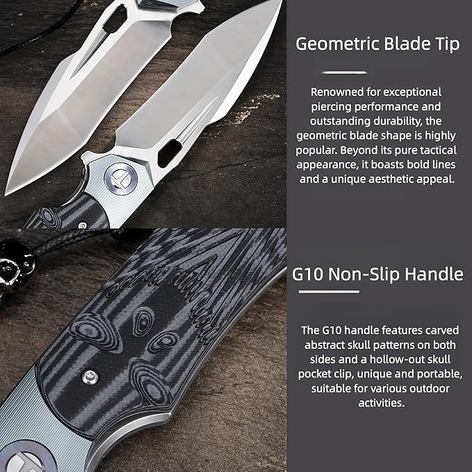 Folding Knife Hiking Gear Outdoor Knives HRC 58-60 G10 Handle Ball Bearing Pivot Lightweight Outdoor Knife for Backpacking Small Pocket Knife for Men Gifts for Hunters Men who have Everything
