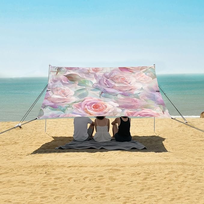 ALAZA Watercolor Pink Rose Flowers Beach Tent Sun Shelter UPF50+ Protection Beach Shade Canopy w/ 4 Sandbags for Outdoor Camping Fishing Backyard Fun Picnic 10x9 ft