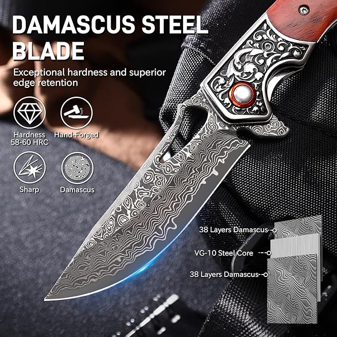 Damascus Pocket Knife for Men Wooden Handle and Sharp Damascus Steel Blade Folding Knives for EDC Camping Hiking Outdoor Collection