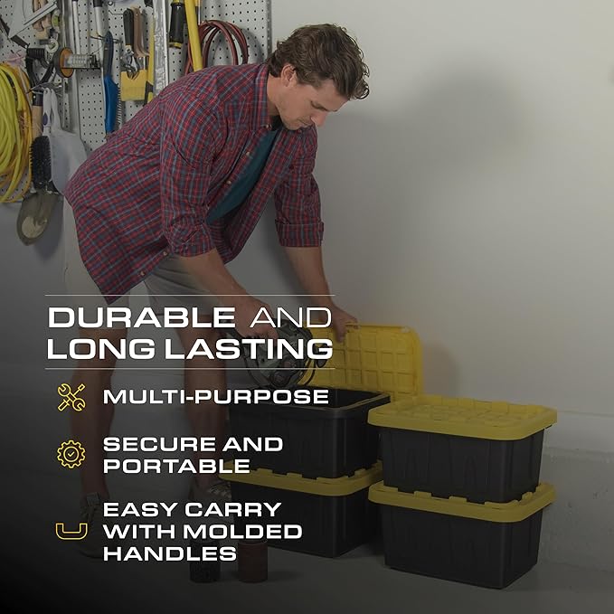 BLACK &amp YELLOW 5-Gallon Heavy Duty Storage Bins with Lids Stackable Plastic Storage Bins with Weather-Resistant Design Home Organization 6 Pack (8.6H x 12.3W x 16.4D)
