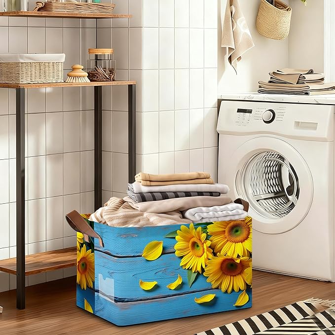Storage Bin with Handles Sunset Sunflower Collapsible Laundry Baskets for Books Laundry - Use in Nursery Closet Organizers and Storage Blanket Basket